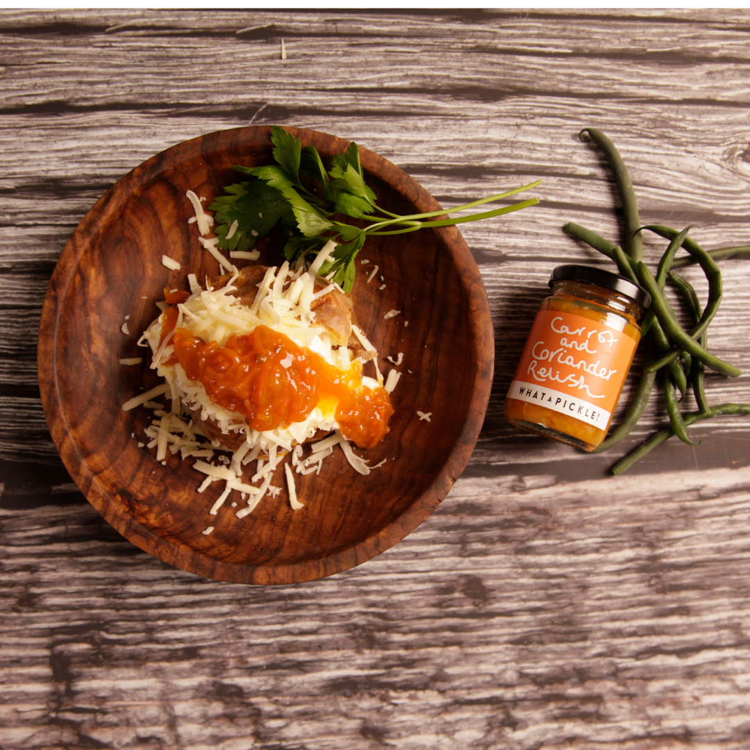 Carrot & Coriander Relish on baked potato cheese
