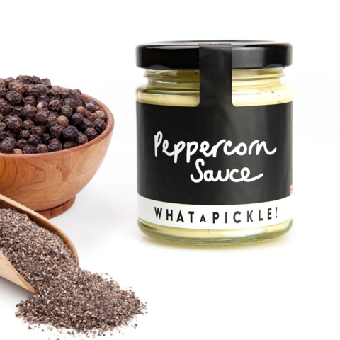 Peppercorn Sauce - What A Pickle with peppercorns by the side in a bowl